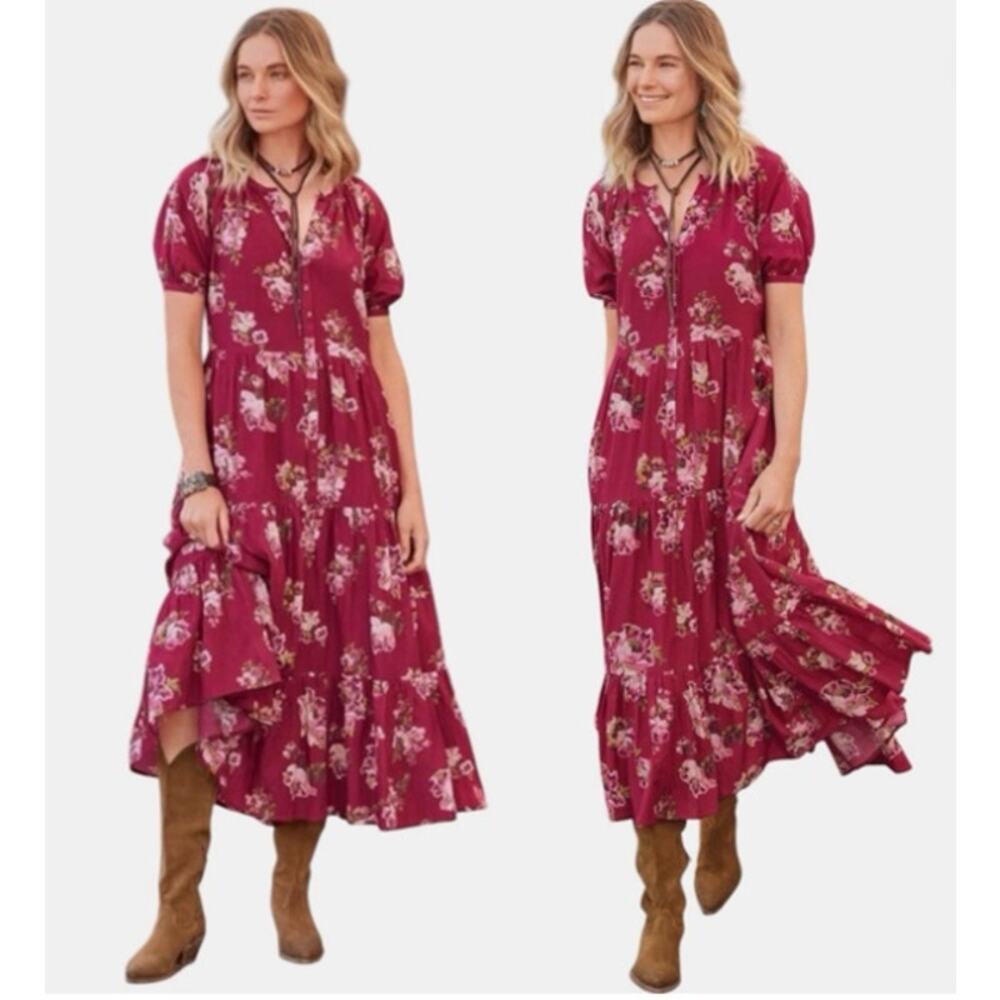 Sundance Marnie Tired Floral Dress Sz M Puff Sleeve Burgundy Pockets Button - Picture 6 of 6